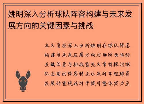 姚明深入分析球队阵容构建与未来发展方向的关键因素与挑战